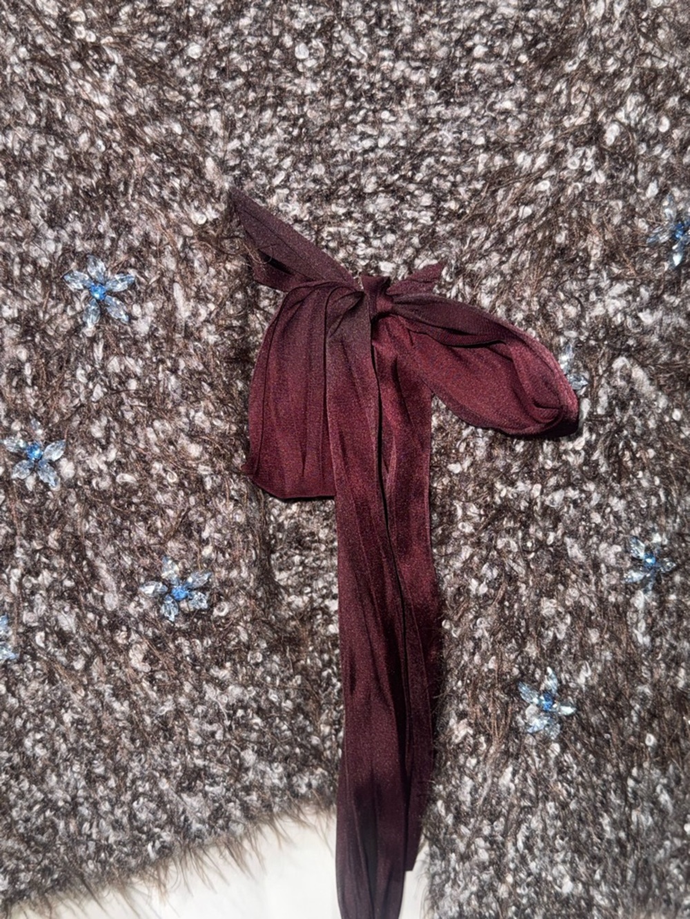 Free People Brown Fuzzy V-Neck Tie-Front Cardigan with Burgundy Ribbon - Picture 6 of 7